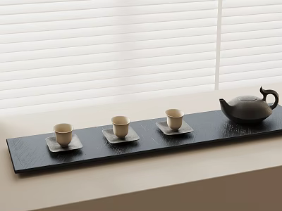 Elegant Tea Set with Black Tray Teapot Three Teacups and Small Saucers by Window 3d model