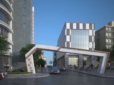 Modern Arched Entrance Gate With Signboard Pedestrians Vehicles And Green Plants Near Buildings 3d model