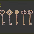 Golden Decorative Keys with Heart Diamond Flower Patterns on Dark Reflective Background