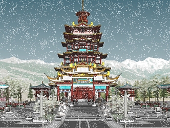 Chinese Style Tower Tang Dynasty Pagoda Ancient Building Snow View Tower Temple 3d model