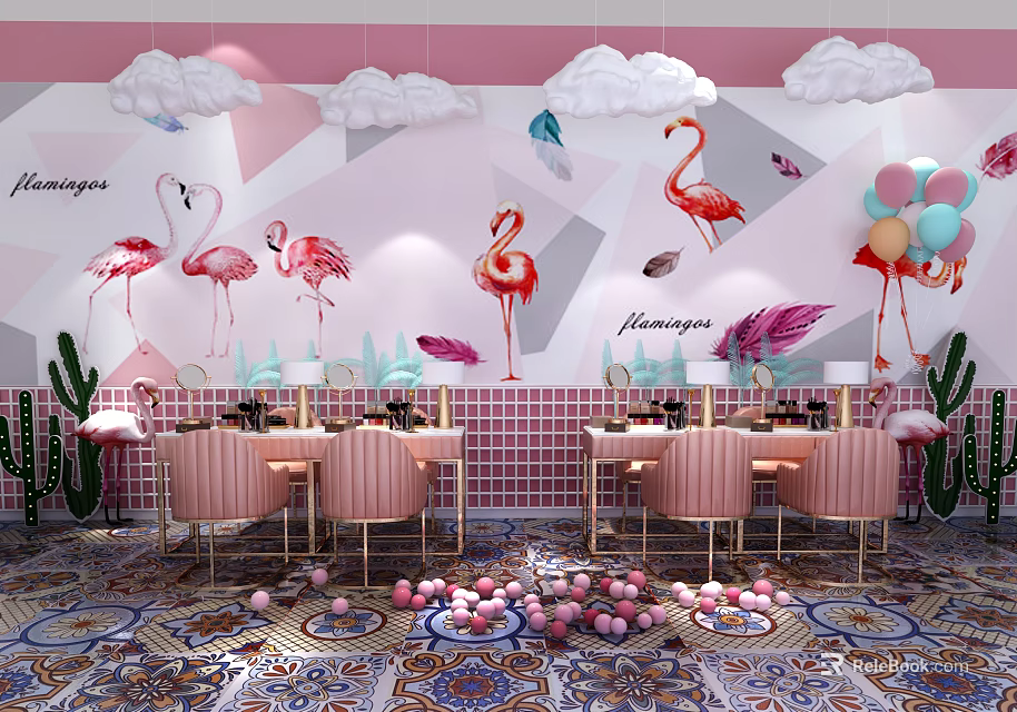 Pink Dressing Table Interior With Flamingo Cloud Balloon And Cactus Decor 3d model 