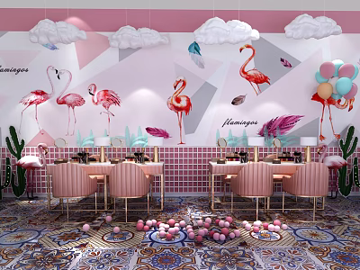 Pink Dressing Table Interior With Flamingo Cloud Balloon And Cactus Decor 3d model