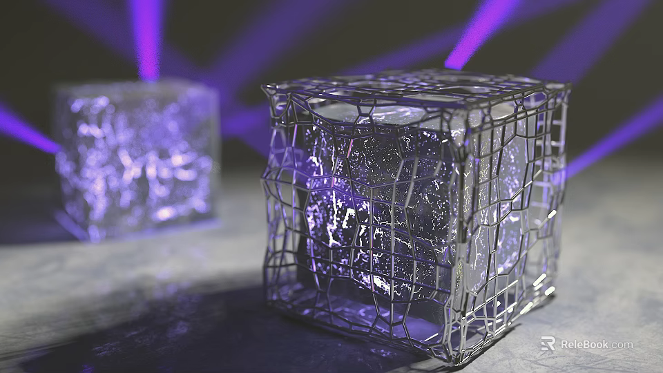 Transparent Cube With Metal Grid Structure Illuminated By Purple Light Effect 3d model 
