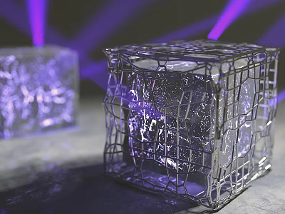 Transparent Cube With Metal Grid Structure Illuminated By Purple Light Effect 3d model