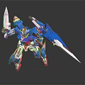 Blue White Mecha Model with Green Red Accents Large Blades in Dynamic Action Pose
