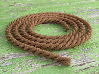 Brown Braided Rope for Home Decor and Utility Use on Weathered Green Wooden Surface 3d model