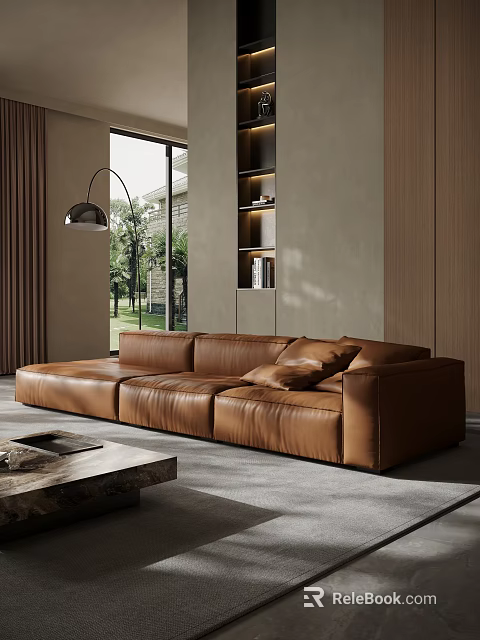 Brown Leather Sectional Sofa In Modern Living Room With Floor Lamp And Large Window 3d model 