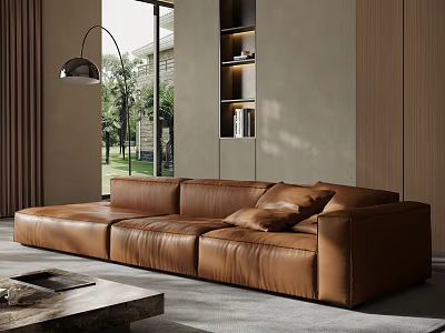 Brown Leather Sectional Sofa In Modern Living Room With Floor Lamp And Large Window 3d model