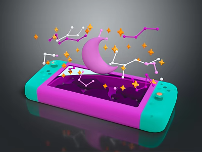 Purple And Teal Commercial Handheld Device With Pink Moon Stars And Constellation Lines On Screen 3d model