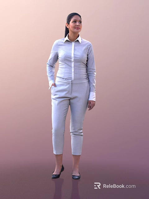 Woman in Light Gray Checkered Shirt and Tailored Pants Standing Against Pink Background 3d model 