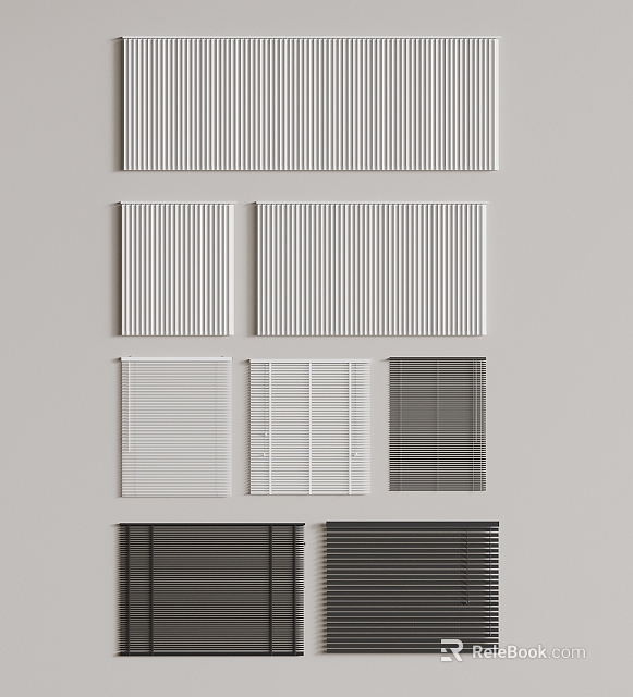 Various Styles Of Window Blinds With White Gray Colors And Striped Patterns 3d model 