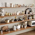 Organized Kitchen Storage With Wooden Shelves Holding Dishes Appliances And Jars