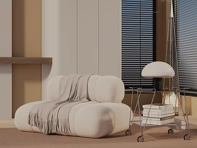 Minimalist Accent Chair With Throw Blanket And Rolling Cart Of Books 3d model