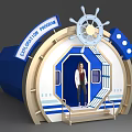 Nautical Theme Pavilion Entrance With Ship Wheel Blue Beige Structure And Person