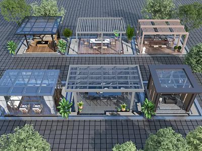 Contemporary Outdoor Garden Pavilions With Glass Roofs Wooden Structures And Lush Greenery 3d model