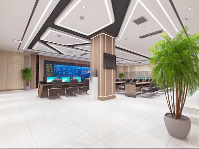 Modern Monitoring Room Interior Design With Surveillance Screens Office Furniture And Green Plant 3d model