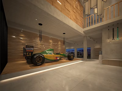 Public Office Space Interior With Race Car Display Wooden Walls Concrete Elements And Hanging Lights 3d model