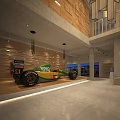 Public Office Space Interior With Race Car Display Wooden Walls Concrete Elements And Hanging Lights