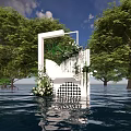 White Decorative Structure With Green Plants And Flowers On Water Surrounded By Trees
