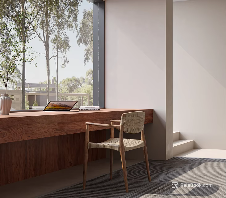 Wooden Desk with Tablet and Books and Wicker Chair by Large Window with Trees Outside 3d model 