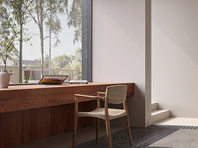 Wooden Desk with Tablet and Books and Wicker Chair by Large Window with Trees Outside 3d model