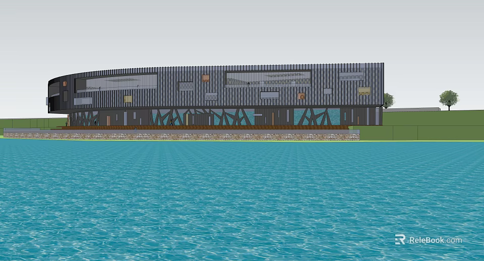 Modern Waterfront Building With Metal Panel Exterior And Glass Facade 3d model 