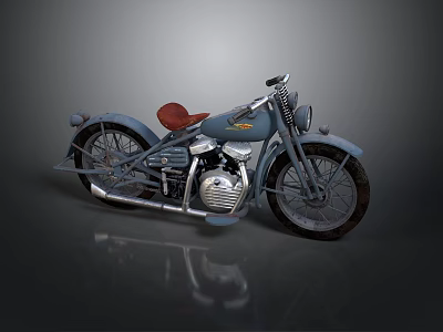 Vintage Blue Motorcycle With Red Leather Seat Chrome Engine And Spoked Wheels 3d model