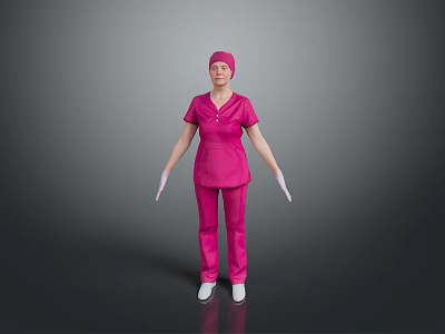 Woman in pink medical uniform with cap and gloves standing on gray background 3d model