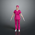 Woman in pink medical uniform with cap and gloves standing on gray background