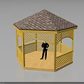 Yellow Hexagonal Gazebo Featuring Wooden Lattice Tiled Roof And Person Standing Inside Structure