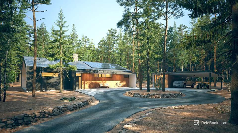 Detached Villa in Pine Forest with Solar Panels Winding Driveway and Garage 3d model 