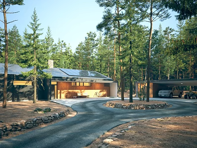 Detached Villa in Pine Forest with Solar Panels Winding Driveway and Garage 3d model