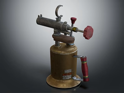 Vintage Metal Weapon With Brass Tank Red Knob Pipe And Handle Structure 3d model