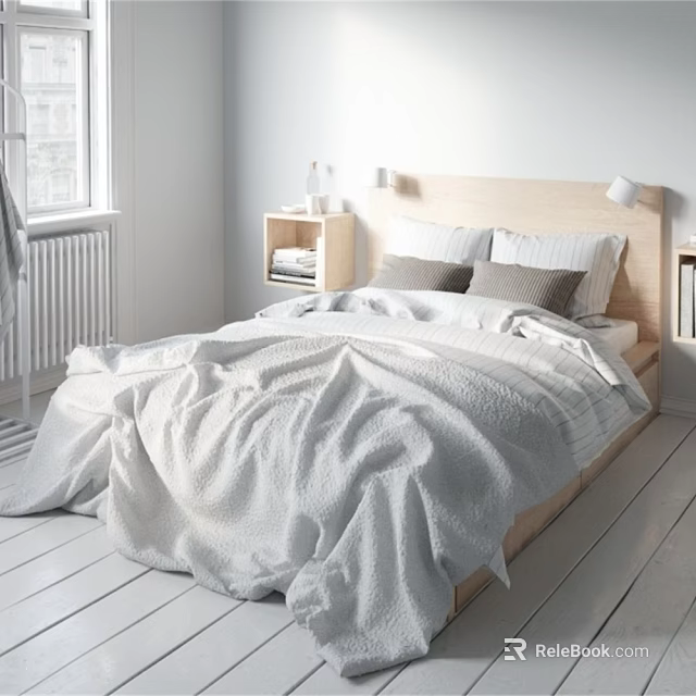 Minimalist Style Bedroom Bedding Set With White Sheets Pillows And Wooden Bedside Table 3d model 