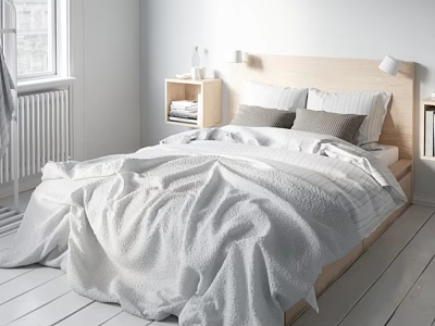 Minimalist Style Bedroom Bedding Set With White Sheets Pillows And Wooden Bedside Table 3d model