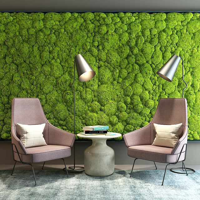 Leisure Sofa Set With Purple Chairs Green Moss Wall And Silver Floor Lamps 3d model 