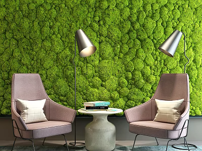 Leisure Sofa Set With Purple Chairs Green Moss Wall And Silver Floor Lamps 3d model