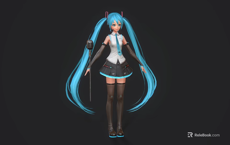 Anime Game Character with Long Blue Twin Ponytails White Top Black Skirt Holding Microphone 3d model 