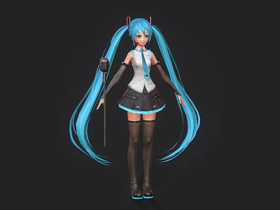 Anime Game Character with Long Blue Twin Ponytails White Top Black Skirt Holding Microphone 3d model