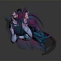 Fantasy Female Character With Colorful Long Hair And Flowing Tail In Elegant Pose On Gray Background