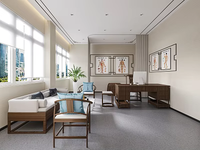 Modern Chinese Living Room Interior With Wooden Sofa Chairs Desk Green Plant And Decorative Paintings 3d model