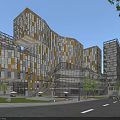 Modern Office Building Architecture Design With Glass Curtain Wall Colorful Squares And Street Greenery