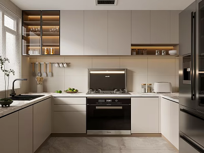 Modern Kitchen Interior With White Gray Cabinets Glass Door Upper Cabinets And Stainless Steel Appliances 3d model