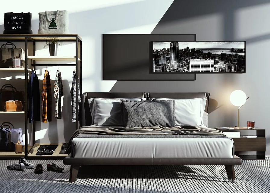 Modern Bedroom Interior Design With Bedside Table Lamp Clothes Rack And City 3d model 