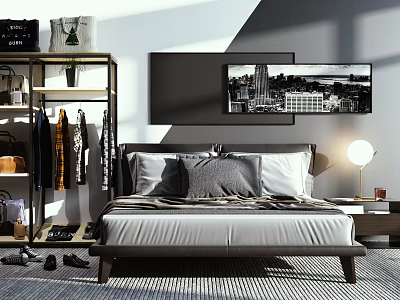 Modern Bedroom Interior Design With Bedside Table Lamp Clothes Rack And City 3d model