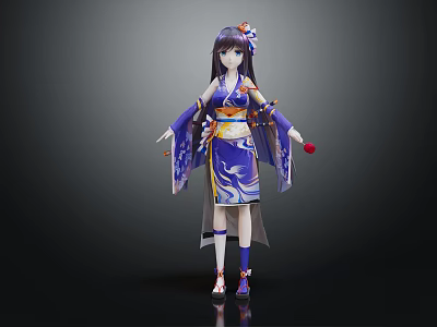 3D Anime Character In Standing Pose With Purple Hair Blue Kimono And Dragon Pattern 3d model