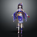3D Anime Character In Standing Pose With Purple Hair Blue Kimono And Dragon Pattern