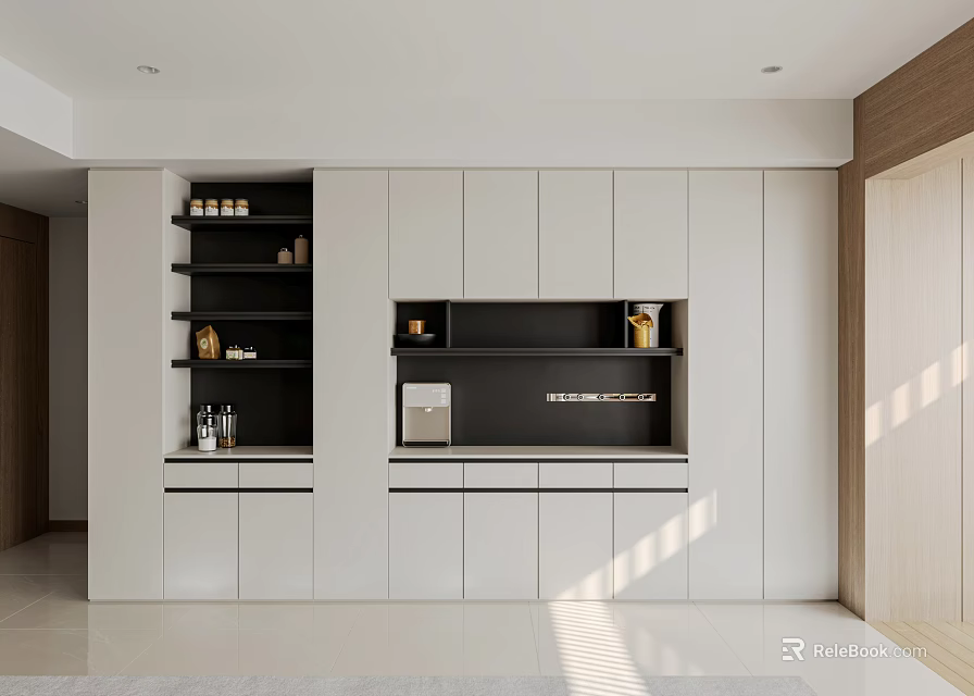 Modern Wine Cabinet Interior Design With Black Shelves And Glass Door Storage 3d model 