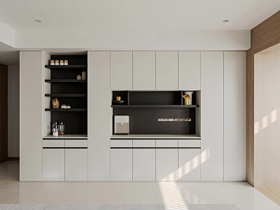 Modern Wine Cabinet Interior Design With Black Shelves And Glass Door Storage 3d model