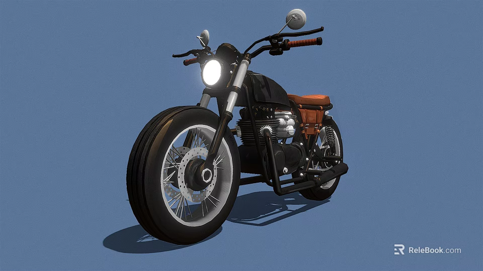 Vintage Black Motorcycle Side View With Brown Seat Headlight And Wide Tires 3d model 